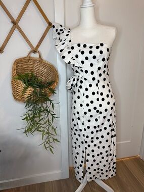 Anthropologie One Shoulder Polka Dot Midi Dress Black White Ruffle NWT